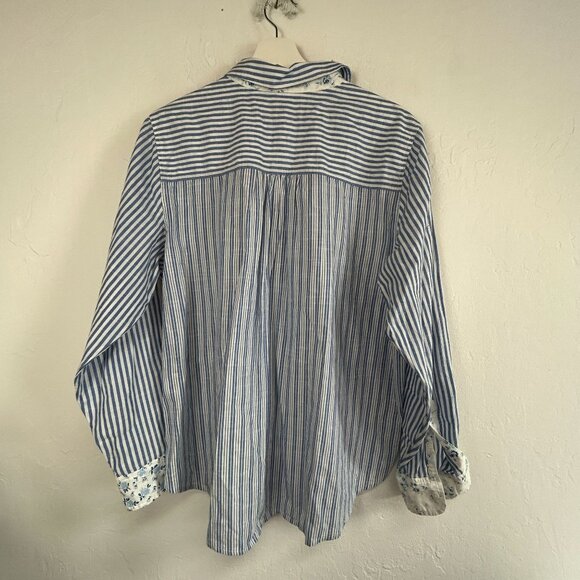 Laura Ashley X Lucky Brand Striped Floral Patchwork Button-Up Shirt Large Blue - Picture 2 of 8